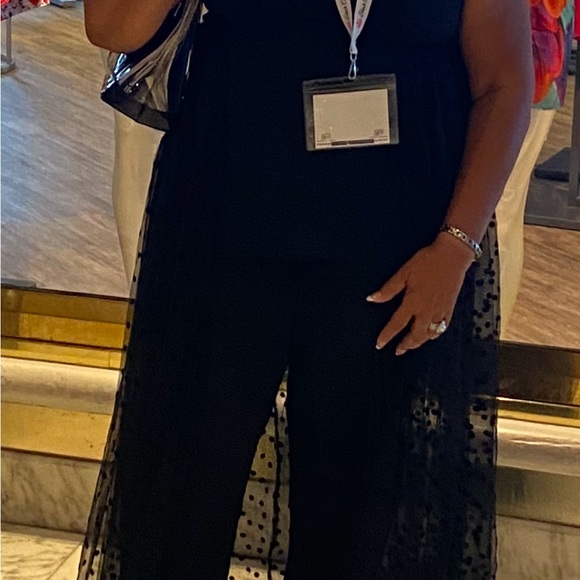 Chic Black Sleeveless Jumsuit with with Sheer Polka Dot Overlay - Picture 3 of 8